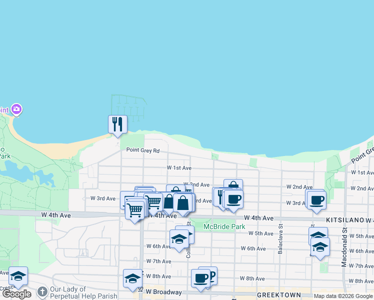 map of restaurants, bars, coffee shops, grocery stores, and more near 3519 Point Grey Road in Vancouver