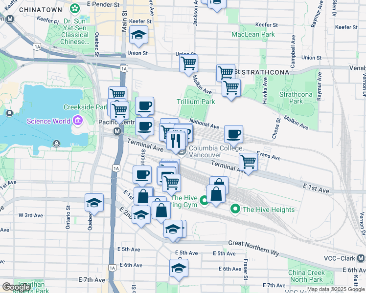 map of restaurants, bars, coffee shops, grocery stores, and more near 369 Terminal Avenue in Vancouver