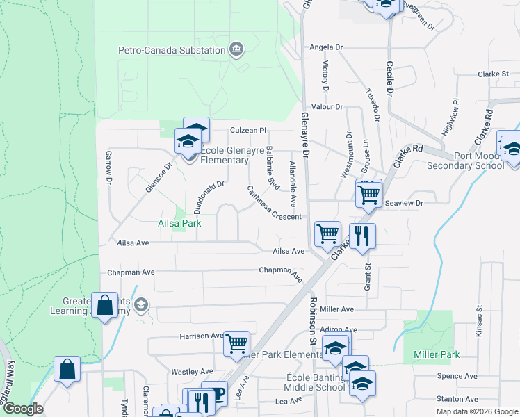map of restaurants, bars, coffee shops, grocery stores, and more near 945 Caithness Crescent in Port Moody