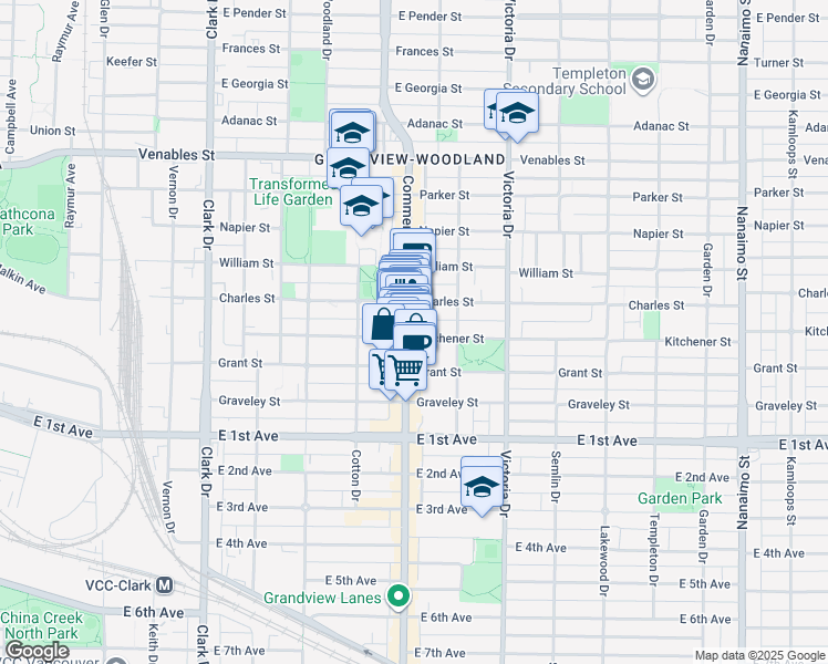 map of restaurants, bars, coffee shops, grocery stores, and more near in Vancouver