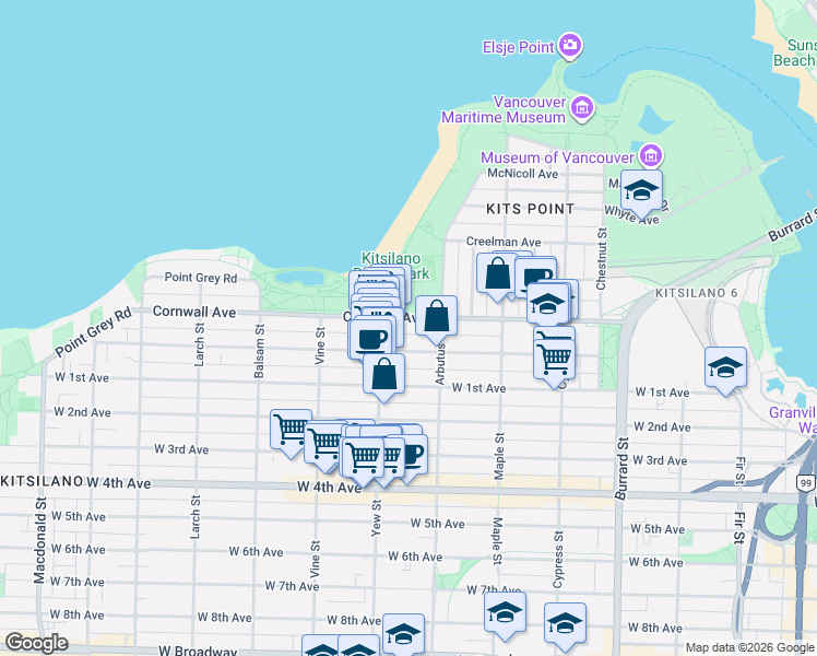map of restaurants, bars, coffee shops, grocery stores, and more near 2160 Cornwall Avenue in Vancouver