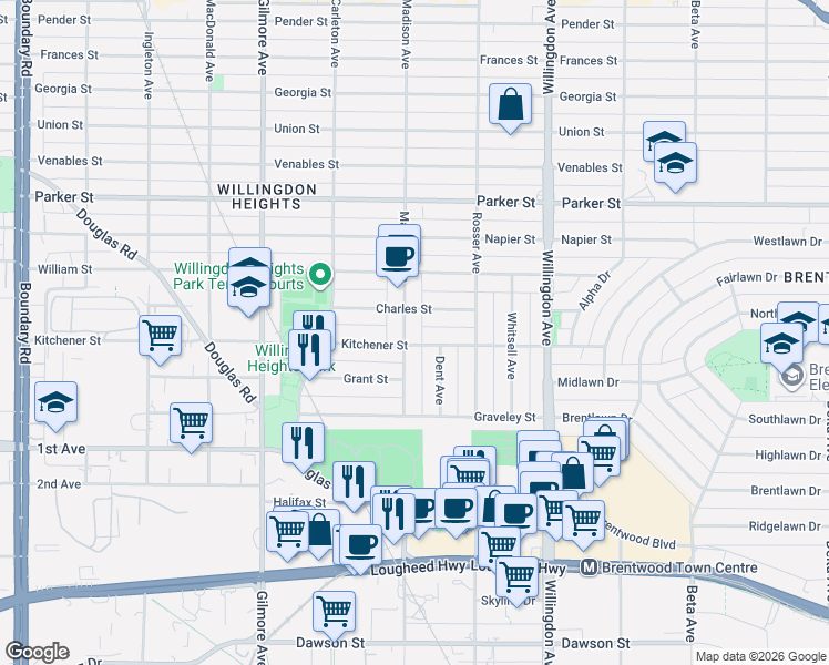 map of restaurants, bars, coffee shops, grocery stores, and more near 4284 Kitchener Street in Burnaby
