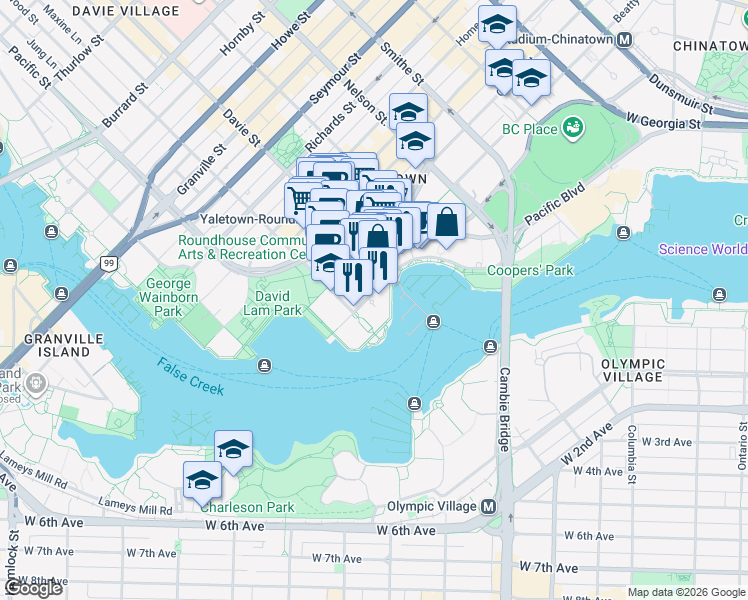 map of restaurants, bars, coffee shops, grocery stores, and more near in Vancouver
