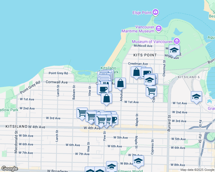 map of restaurants, bars, coffee shops, grocery stores, and more near in Vancouver