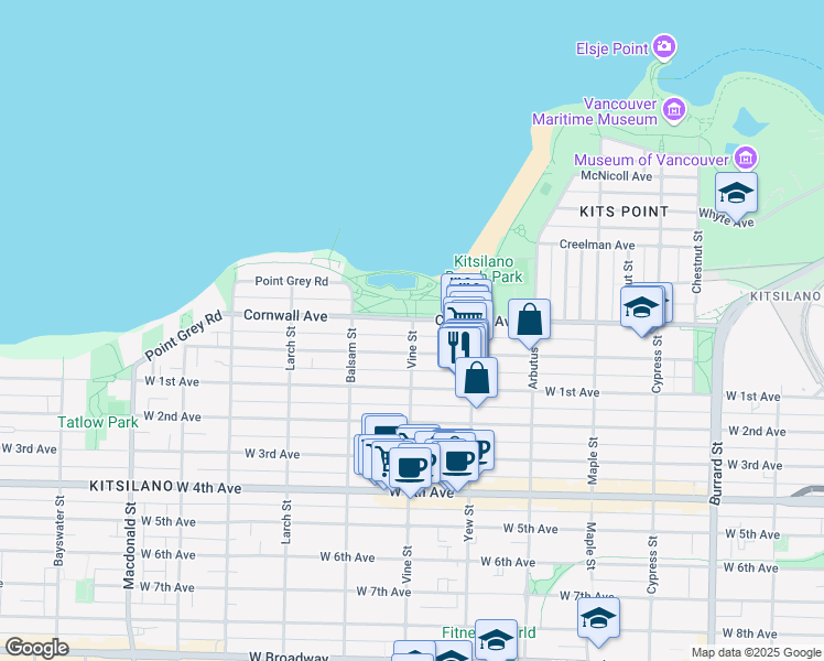 map of restaurants, bars, coffee shops, grocery stores, and more near 1535 Vine Street in Vancouver