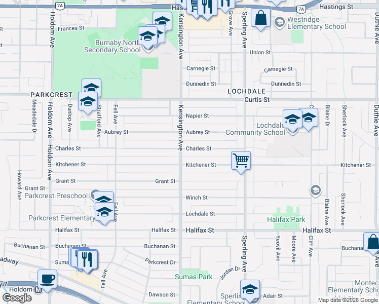 map of restaurants, bars, coffee shops, grocery stores, and more near 6524 Charles Street in Burnaby