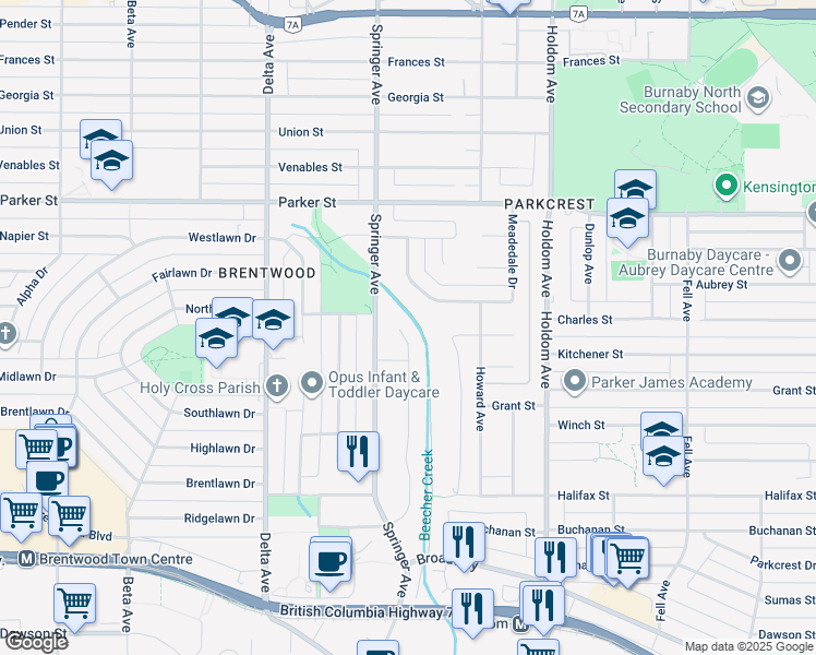 map of restaurants, bars, coffee shops, grocery stores, and more near 1340 Lorilawn Court in Burnaby