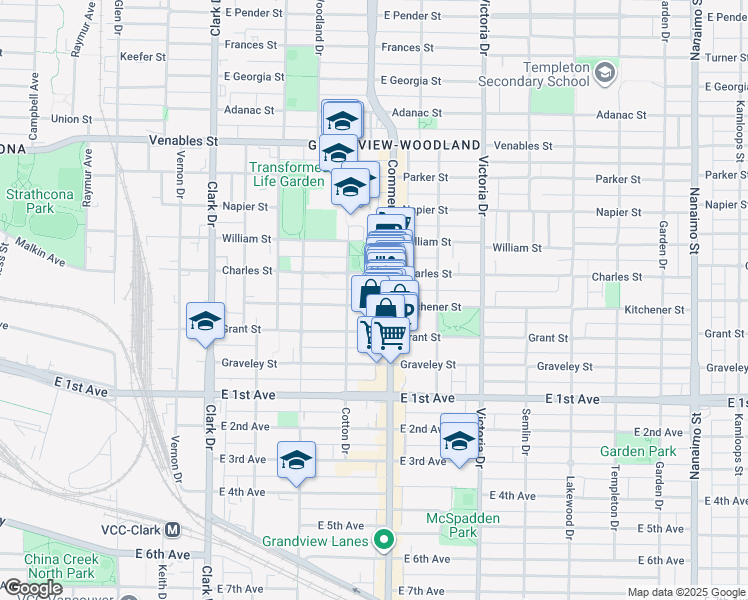 map of restaurants, bars, coffee shops, grocery stores, and more near 1681 Kitchener Street in Vancouver