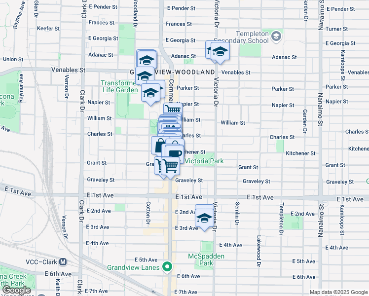 map of restaurants, bars, coffee shops, grocery stores, and more near 1747 Kitchener Street in Vancouver