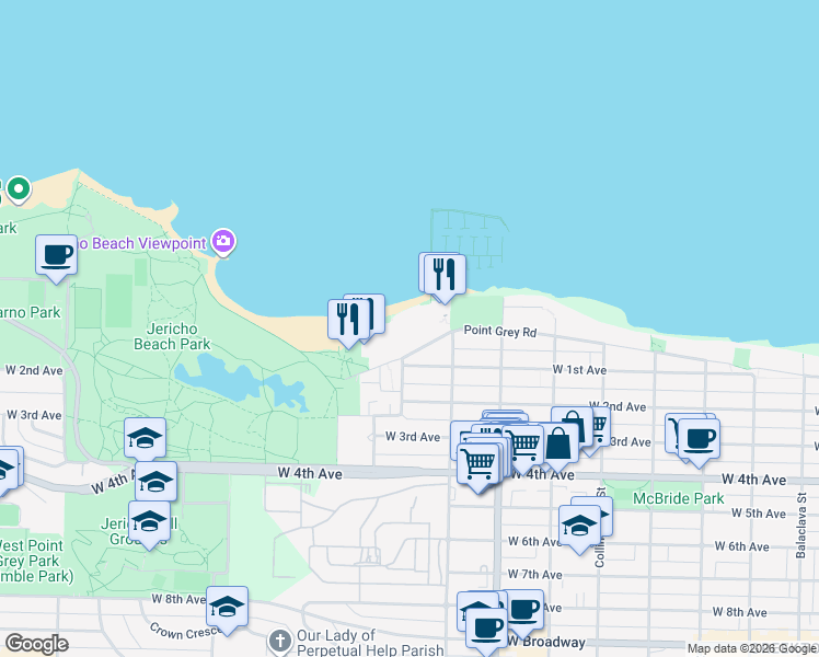map of restaurants, bars, coffee shops, grocery stores, and more near 3837 Point Grey Road in Vancouver