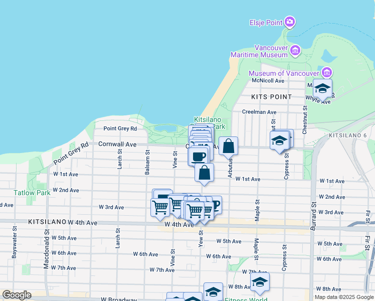 map of restaurants, bars, coffee shops, grocery stores, and more near 2254 Cornwall Avenue in Vancouver