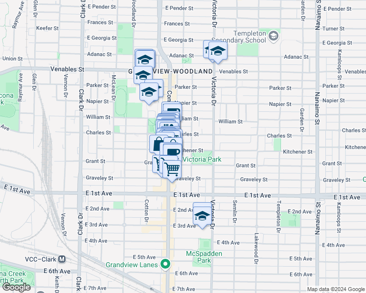 map of restaurants, bars, coffee shops, grocery stores, and more near 1747 Kitchener Street in Vancouver