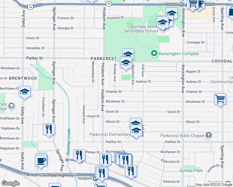 map of restaurants, bars, coffee shops, grocery stores, and more near 5832 Charles Street in Burnaby
