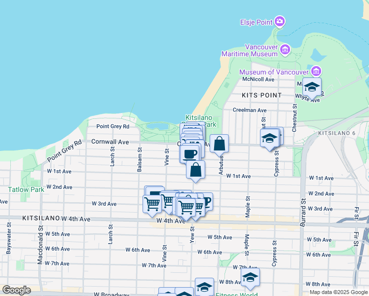 map of restaurants, bars, coffee shops, grocery stores, and more near 2230 Cornwall Avenue in Vancouver