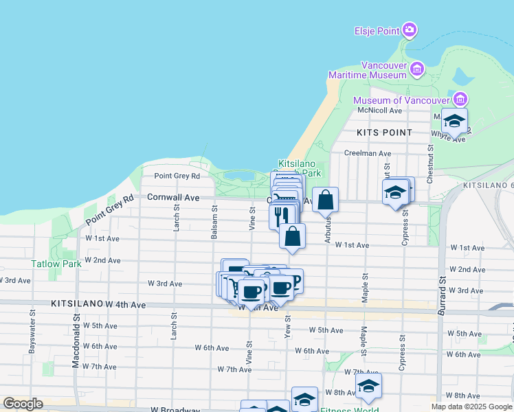 map of restaurants, bars, coffee shops, grocery stores, and more near 2296 Cornwall Avenue in Vancouver