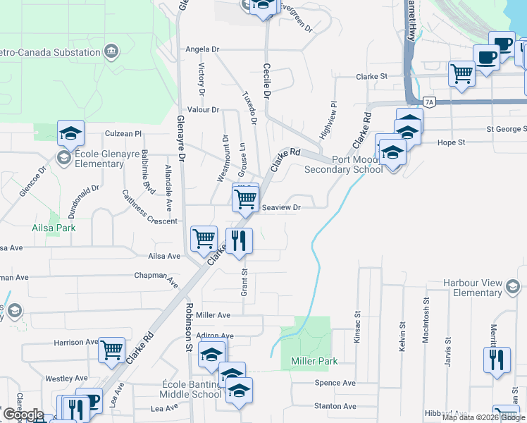 map of restaurants, bars, coffee shops, grocery stores, and more near 70 Seaview Drive in Port Moody