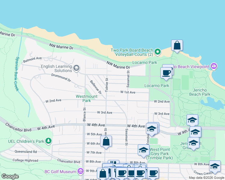 map of restaurants, bars, coffee shops, grocery stores, and more near 4569 West 1st Avenue in Vancouver