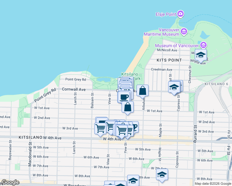 map of restaurants, bars, coffee shops, grocery stores, and more near 2268 Cornwall Avenue in Vancouver