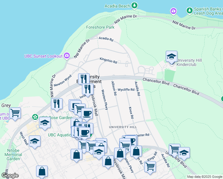 map of restaurants, bars, coffee shops, grocery stores, and more near 1689 Allison Road in Vancouver
