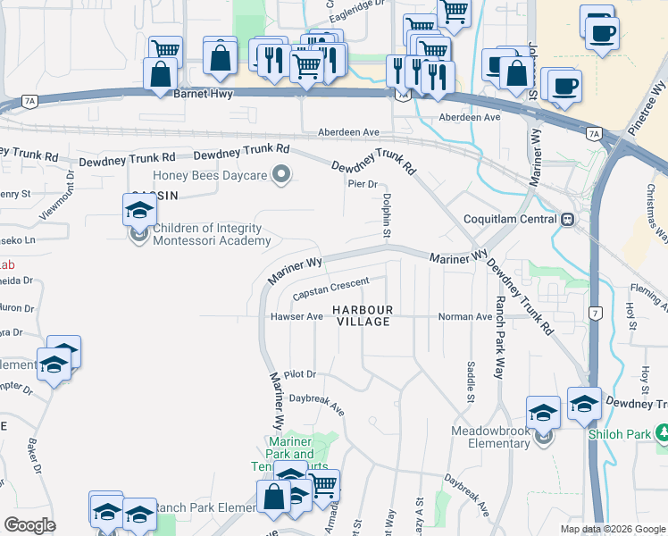 map of restaurants, bars, coffee shops, grocery stores, and more near 3204 Mariner Way in Coquitlam