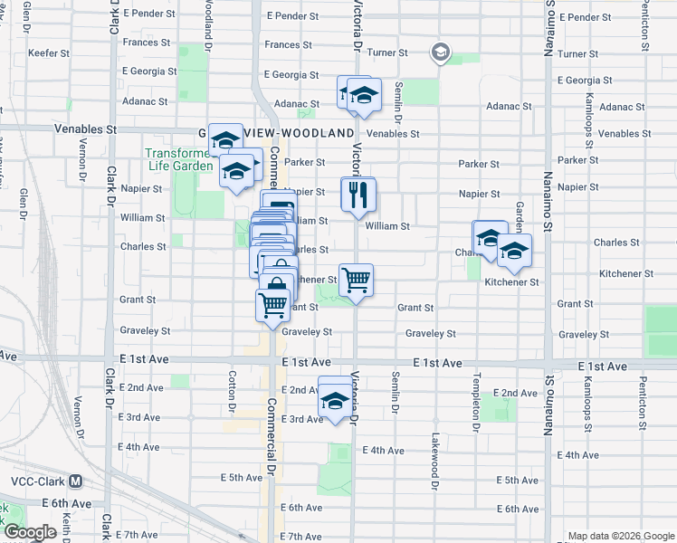 map of restaurants, bars, coffee shops, grocery stores, and more near 1847 Kitchener Street in Vancouver