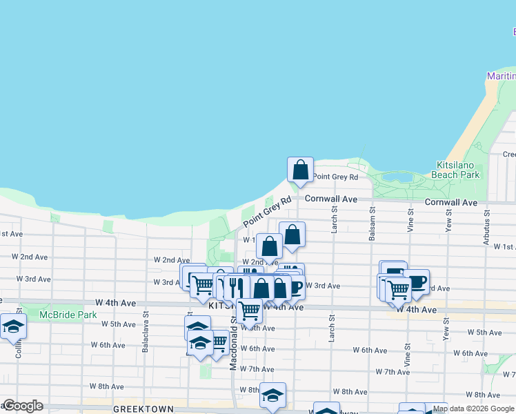 map of restaurants, bars, coffee shops, grocery stores, and more near in Vancouver