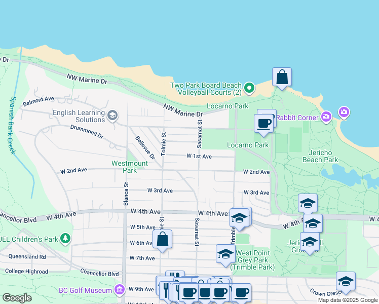map of restaurants, bars, coffee shops, grocery stores, and more near 4523 West 1st Avenue in Vancouver