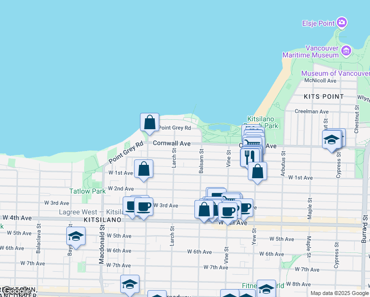 map of restaurants, bars, coffee shops, grocery stores, and more near 2450 Cornwall Avenue in Vancouver