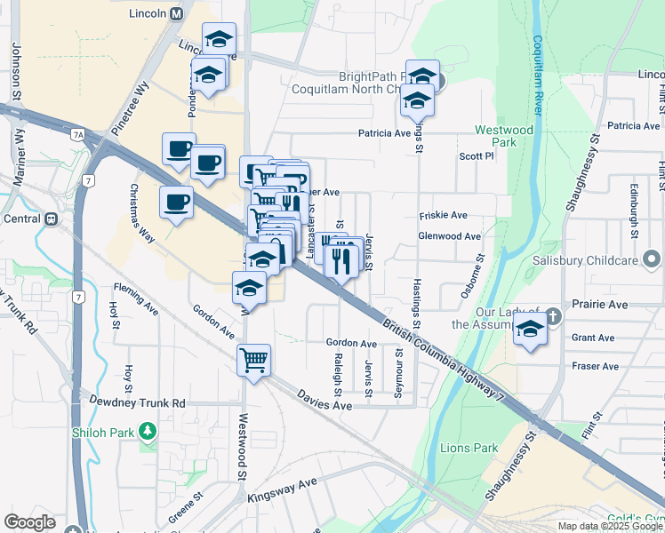 map of restaurants, bars, coffee shops, grocery stores, and more near 2651 Lougheed Highway in Port Coquitlam