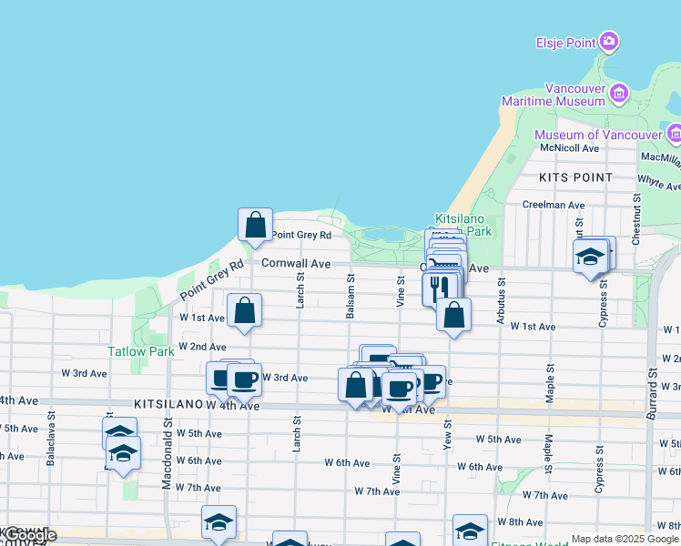 map of restaurants, bars, coffee shops, grocery stores, and more near in Vancouver