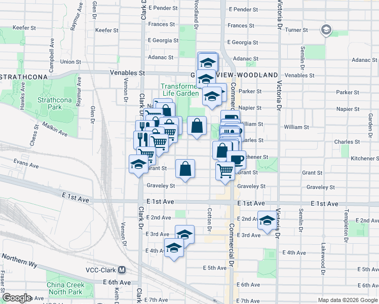 map of restaurants, bars, coffee shops, grocery stores, and more near 1507 Kitchener Street in Vancouver