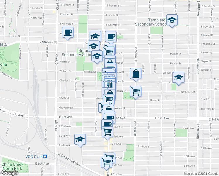 map of restaurants, bars, coffee shops, grocery stores, and more near 1391 Commercial Dr in Vancouver