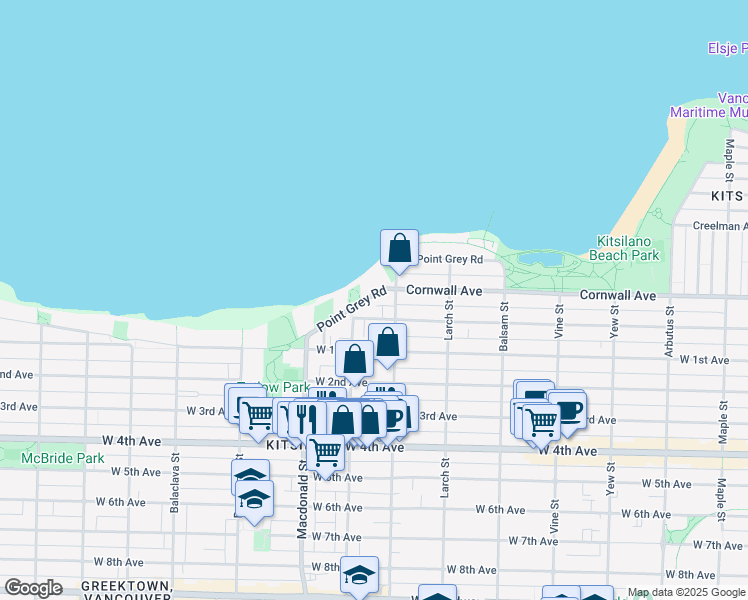 map of restaurants, bars, coffee shops, grocery stores, and more near 2640 Point Grey Road in Vancouver