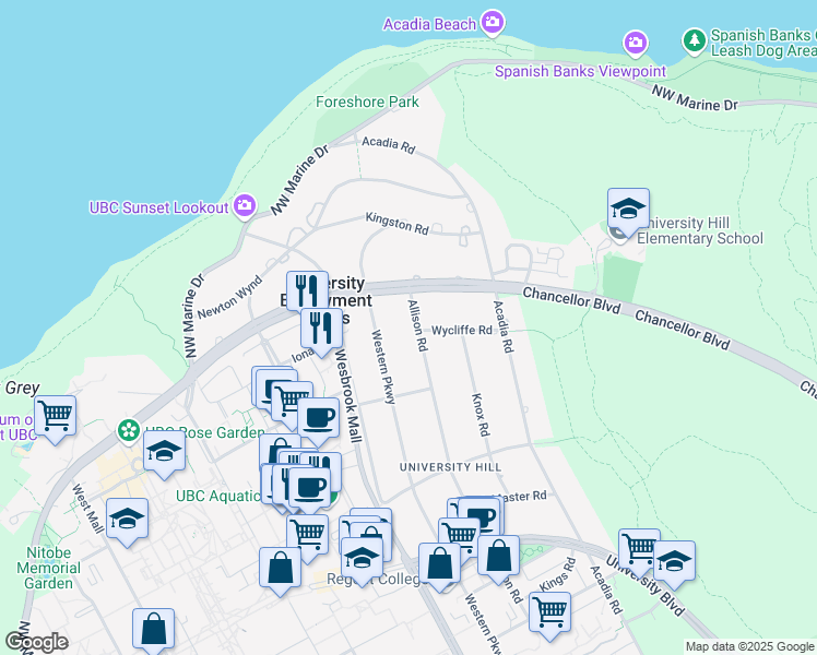 map of restaurants, bars, coffee shops, grocery stores, and more near 1689 Allison Road in Vancouver