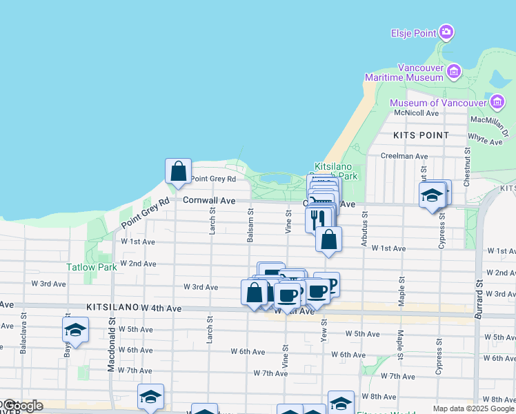 map of restaurants, bars, coffee shops, grocery stores, and more near 2386 Cornwall Avenue in Vancouver