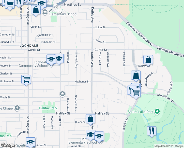 map of restaurants, bars, coffee shops, grocery stores, and more near Duthie Avenue in Burnaby