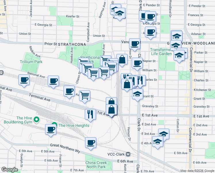map of restaurants, bars, coffee shops, grocery stores, and more near 1020 Malkin Avenue in Vancouver