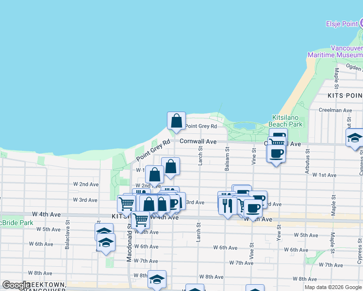 map of restaurants, bars, coffee shops, grocery stores, and more near 2574 Cornwall Avenue in Vancouver