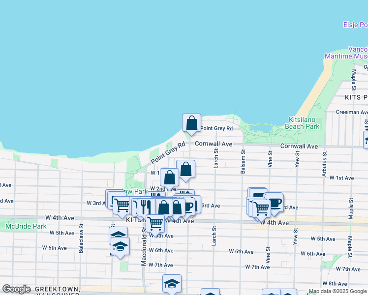 map of restaurants, bars, coffee shops, grocery stores, and more near 2616 Point Grey Road in Vancouver