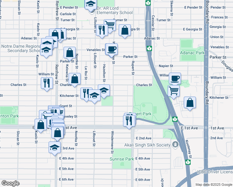 map of restaurants, bars, coffee shops, grocery stores, and more near 3211 Kitchener Street in Vancouver