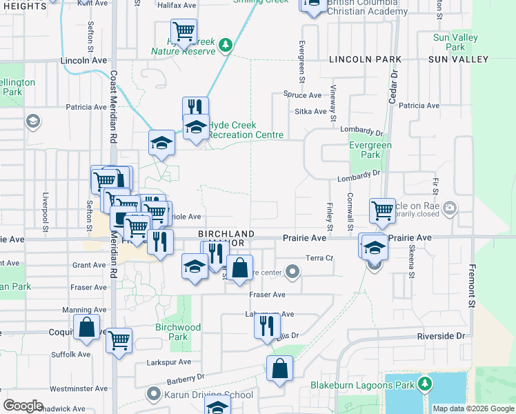 map of restaurants, bars, coffee shops, grocery stores, and more near 1175 Blue Heron Crescent in Port Coquitlam