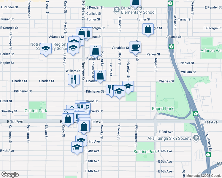 map of restaurants, bars, coffee shops, grocery stores, and more near 3051 Kitchener Street in Vancouver