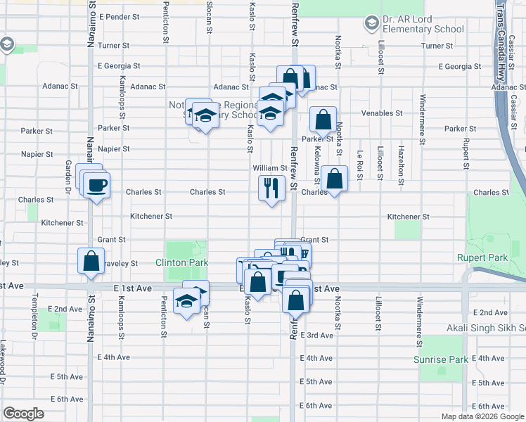 map of restaurants, bars, coffee shops, grocery stores, and more near 2833 Kitchener Street in Vancouver