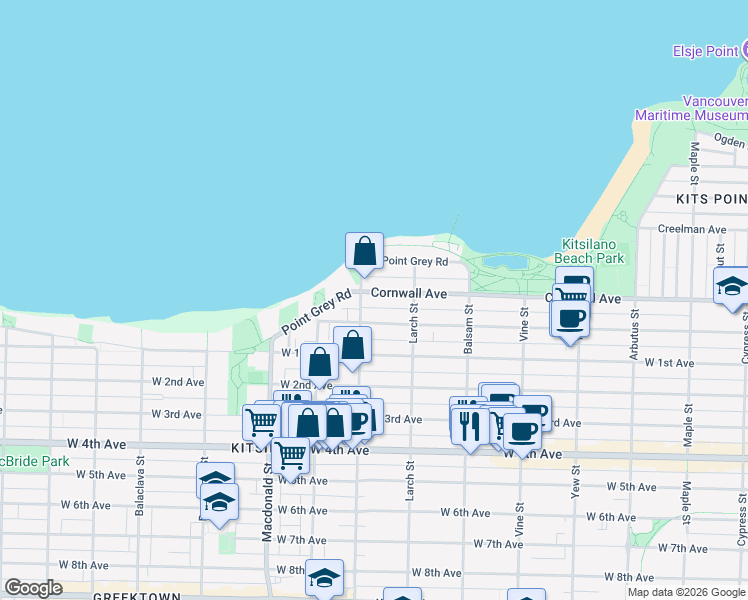 map of restaurants, bars, coffee shops, grocery stores, and more near in Vancouver