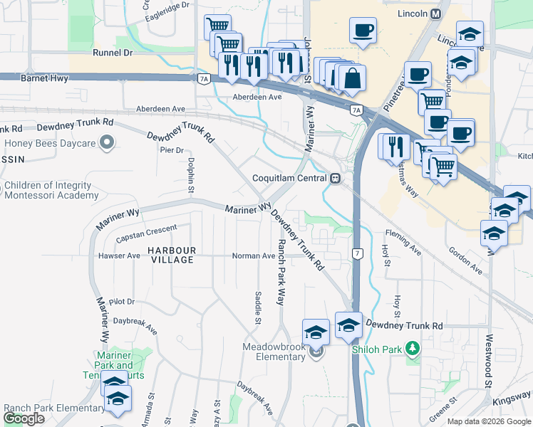 map of restaurants, bars, coffee shops, grocery stores, and more near 1037 Saddle Street in Coquitlam