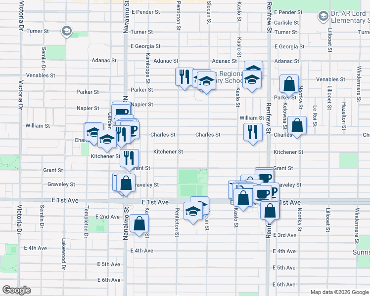 map of restaurants, bars, coffee shops, grocery stores, and more near 2621 Kitchener Street in Vancouver