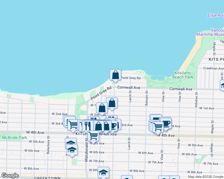 map of restaurants, bars, coffee shops, grocery stores, and more near 2608 Point Grey Road in Vancouver