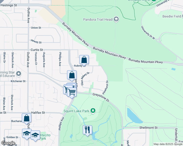 map of restaurants, bars, coffee shops, grocery stores, and more near Glen Abbey Drive in Burnaby