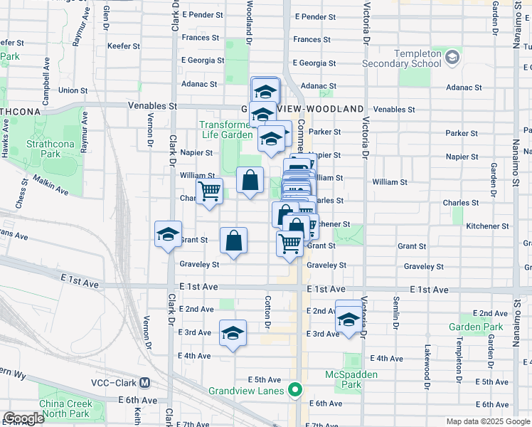 map of restaurants, bars, coffee shops, grocery stores, and more near 1331 Cotton Drive in Vancouver