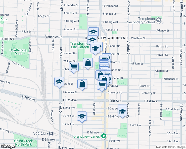 map of restaurants, bars, coffee shops, grocery stores, and more near 1331 Cotton Drive in Vancouver